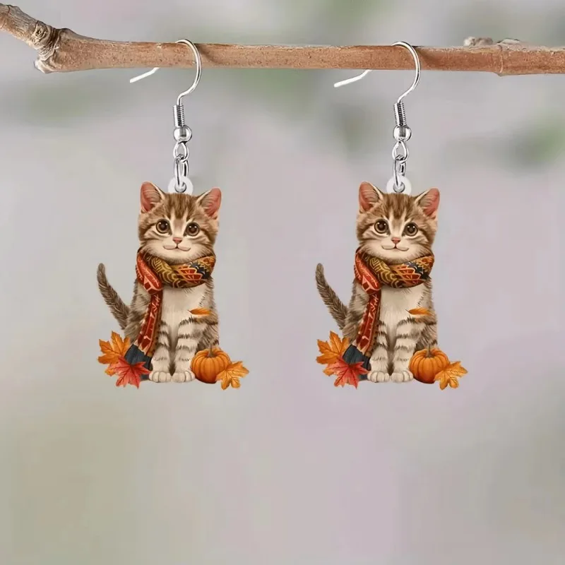 New Acrylic Flat 2D Cat Earrings Creative Hot Home Christmas Cat with Scraf Pendant Earrings Exquisite Gifts Woman Jewelry