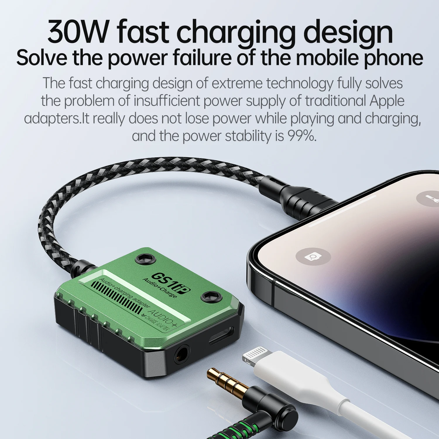 30W adapter Plextone GS1 2-in-1 light ning charger to 3.5mm Headphone music Jack Earphones Hi-Res PD Fast Charge Adapter