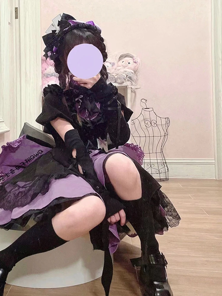 Black Purple Lolita Dress Women\'s Sweet Cute Girls Cosplay Dress Lady High Waist Slim Bow Short Dress Vestidos Mujer Summer