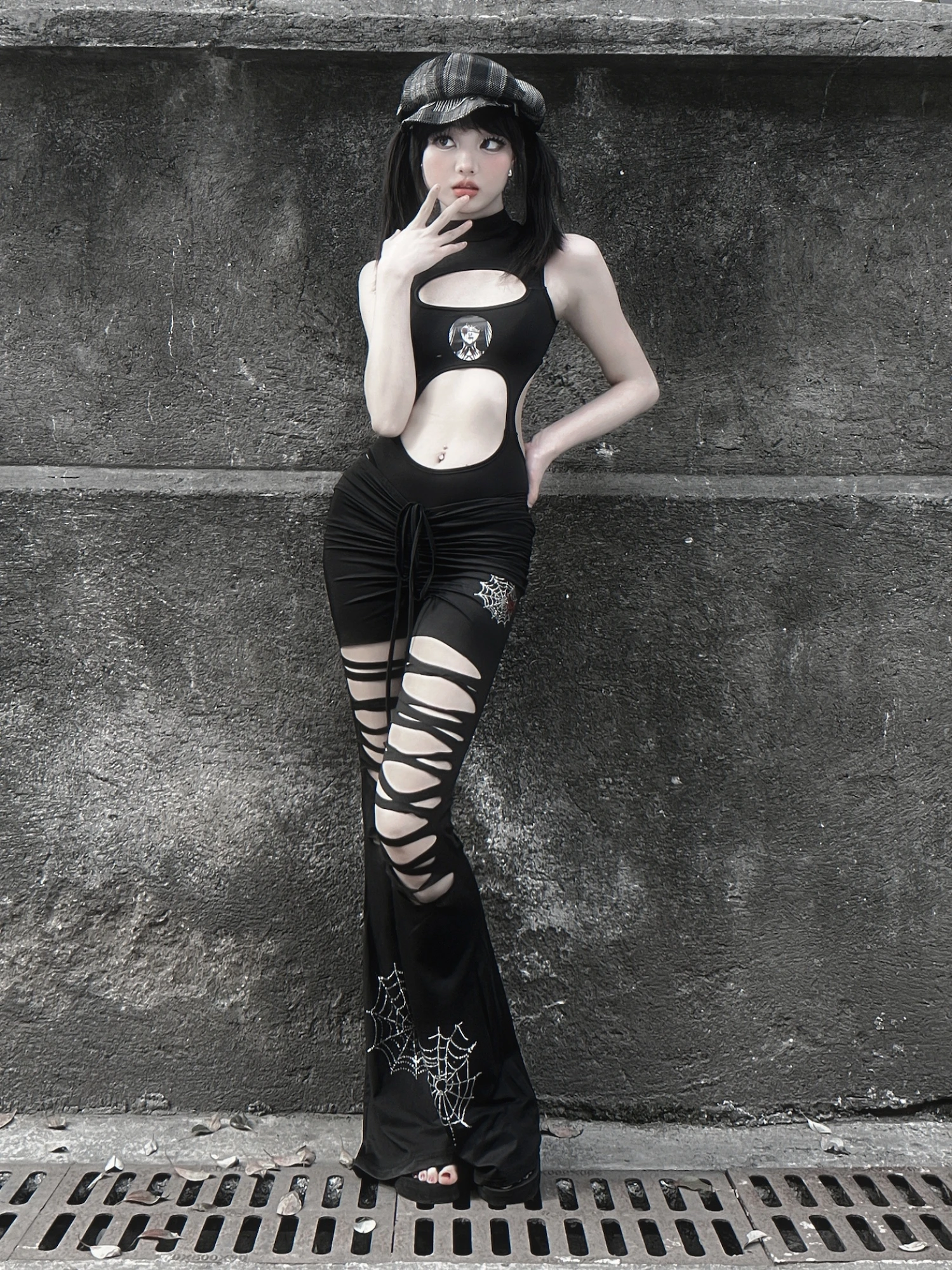 TDH Original Design Y2k Amerian Retro Slight Flare Holes Cobweb Print Casual Gothic Sexy Long Wide Leg Pants Black