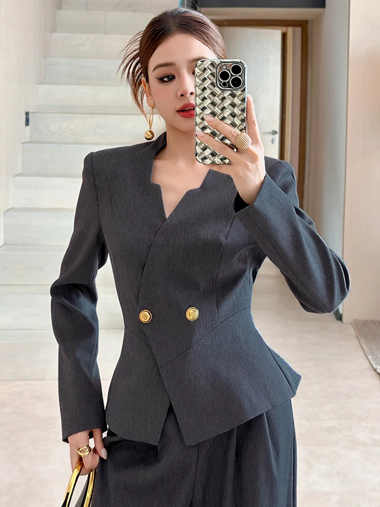 

Retro Fashion Business Formal Grey Simple Suit Women Clothes Elegant Lady Casual V-Neck Slim Coat Blazer Jacket Outwear Autumn