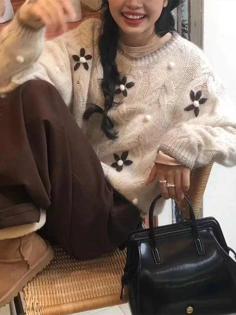 Knitted Women Pullovers Sweaters Casual Jumper 3D Floral Crochet O Neck Long Sleeves Loose Slight Strech Office Lady 2025 Autumn