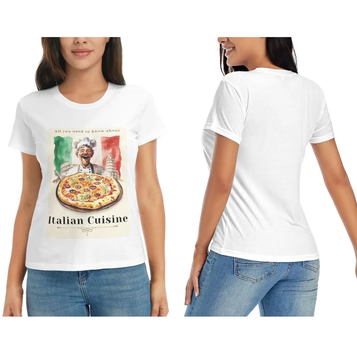 Camiseta de pizza com bandeira italiana para mulheres, gola redonda, streetwear, camisetas femininas, roupas curtas de verão