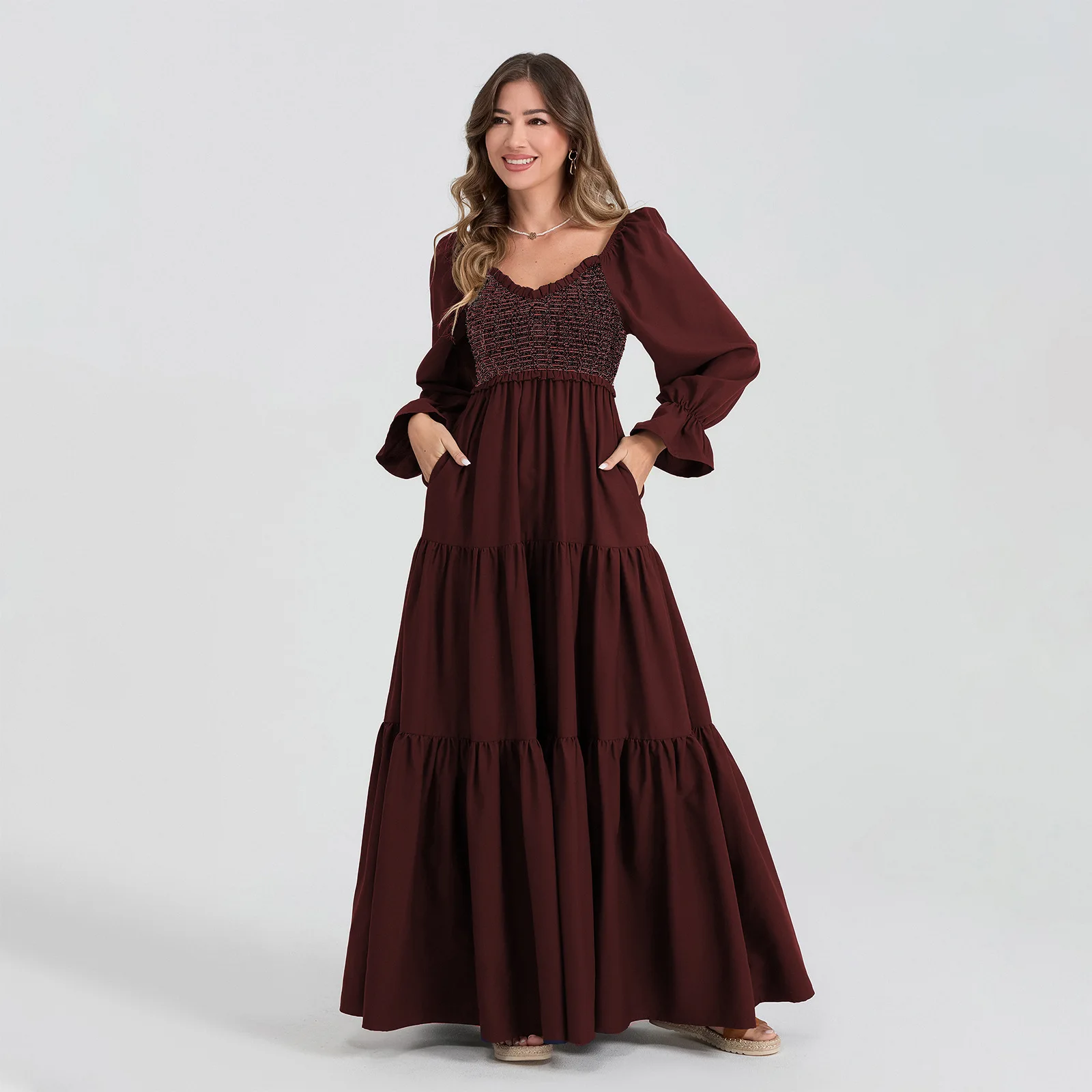 Female Clothing Women's Dress Women's Fashionable Long-sleeved Smocked Layered V-neck V-neck Dress Commuting Cake Skirt Dresses