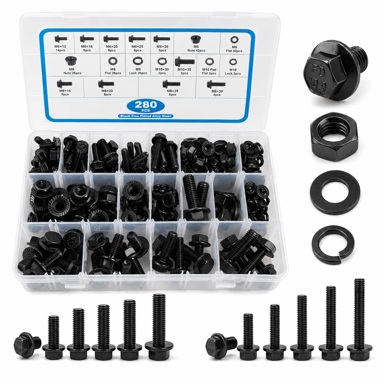 

280Pcs Grade 10.9 Hex Flange Bolts Nuts Flat Spring Washers Assortment Kit M6 M8 M10 High Strength Alloy Steel