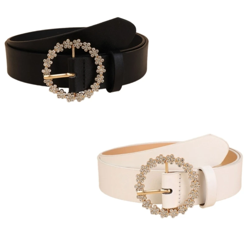 

49MD Trendy Rhinestones Accent Belt Flexible Sizing PU Strap Ladies Fashion Accessory