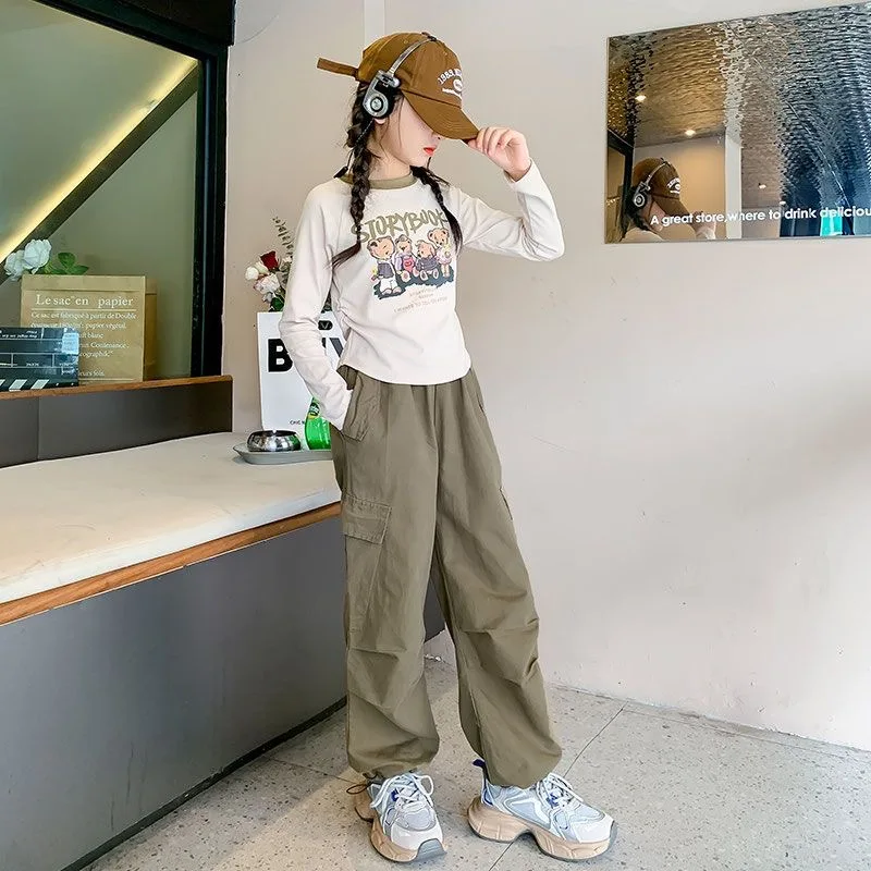 

Korean Spring Autumn Children Girl 2PCS Clothes Set Junior Girl Cartoon Printed Long Sleeve Top+Cargo Pants Set For Girl 4-12Yrs