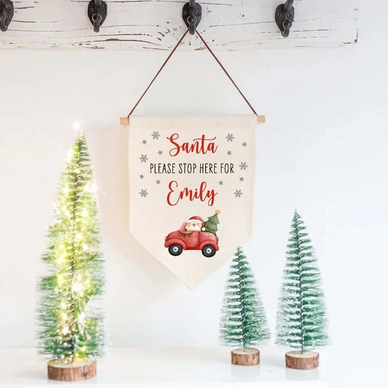 Personalised Santa Stop Here kid boy girl Christmas Sign Merry Xmas eve Holiday Wall Fireplace Mantle home Door room decoration