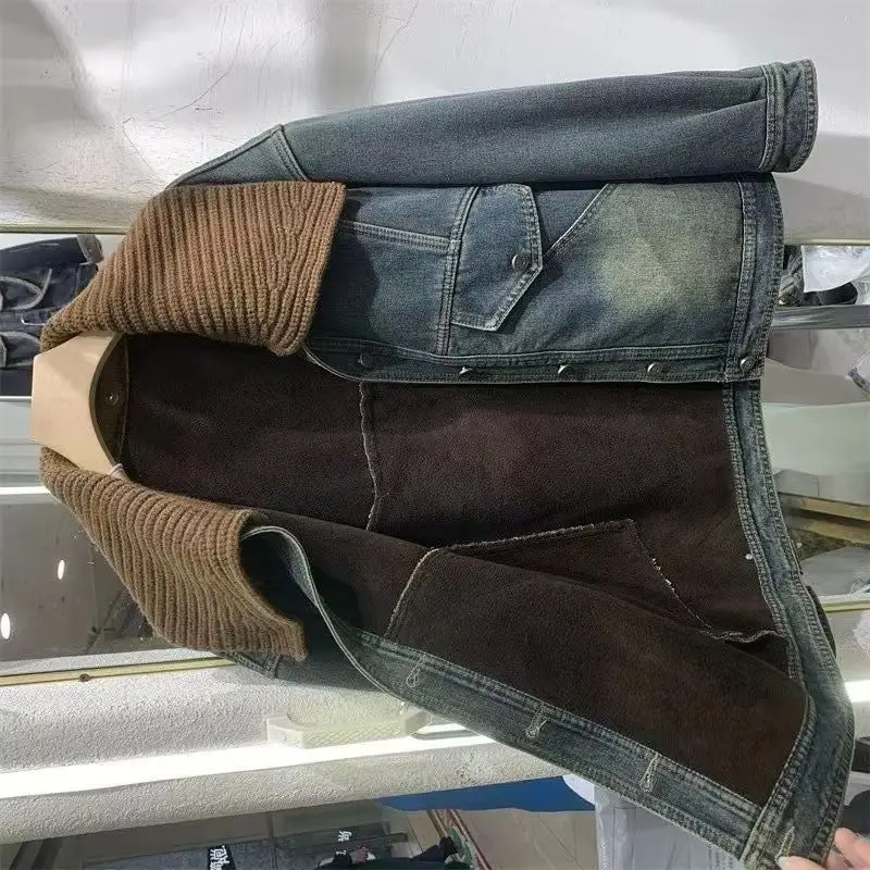 

Plush Cowboy Jacket Women's Vintage Knitted Collar Top 2026 Winter New Thickened Jacket Fur Side Party Overcome Hong Kong Wind