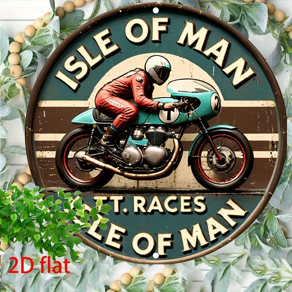 2D Flat-1pc Retro Manx TT Race Metal Sign - ديكور حائط دائري من الألومنيوم، تصميم كلاسيكي للدراجات النارية، طراز عتيق