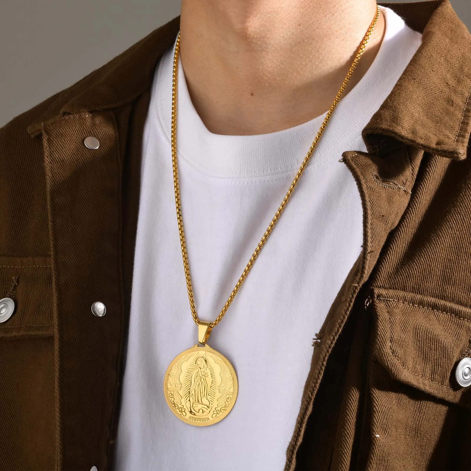 Vnox Gold Color Virgin Mary Pendant Necklaces for Men Women,Stainless Steel Metal Mother Mary Collar Religious Gifts Jewelry - Image 3