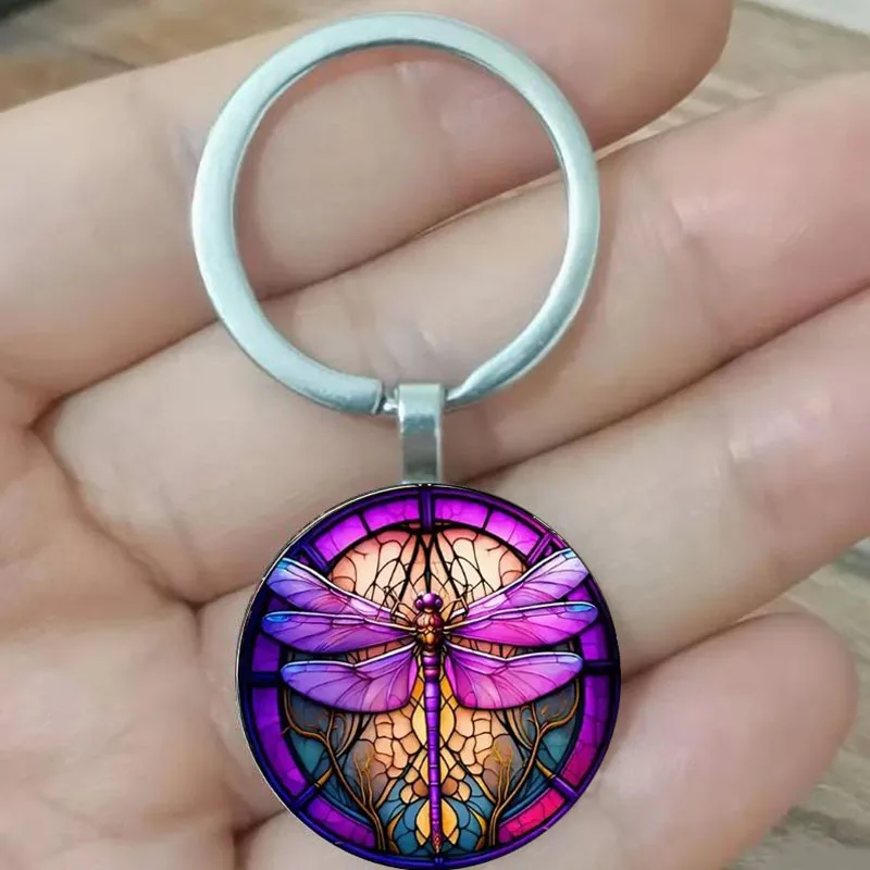 

1 fashionable dragonfly keychain, round glass alloy keychain, European and American style, ideal gift for Men's Teacher's Day