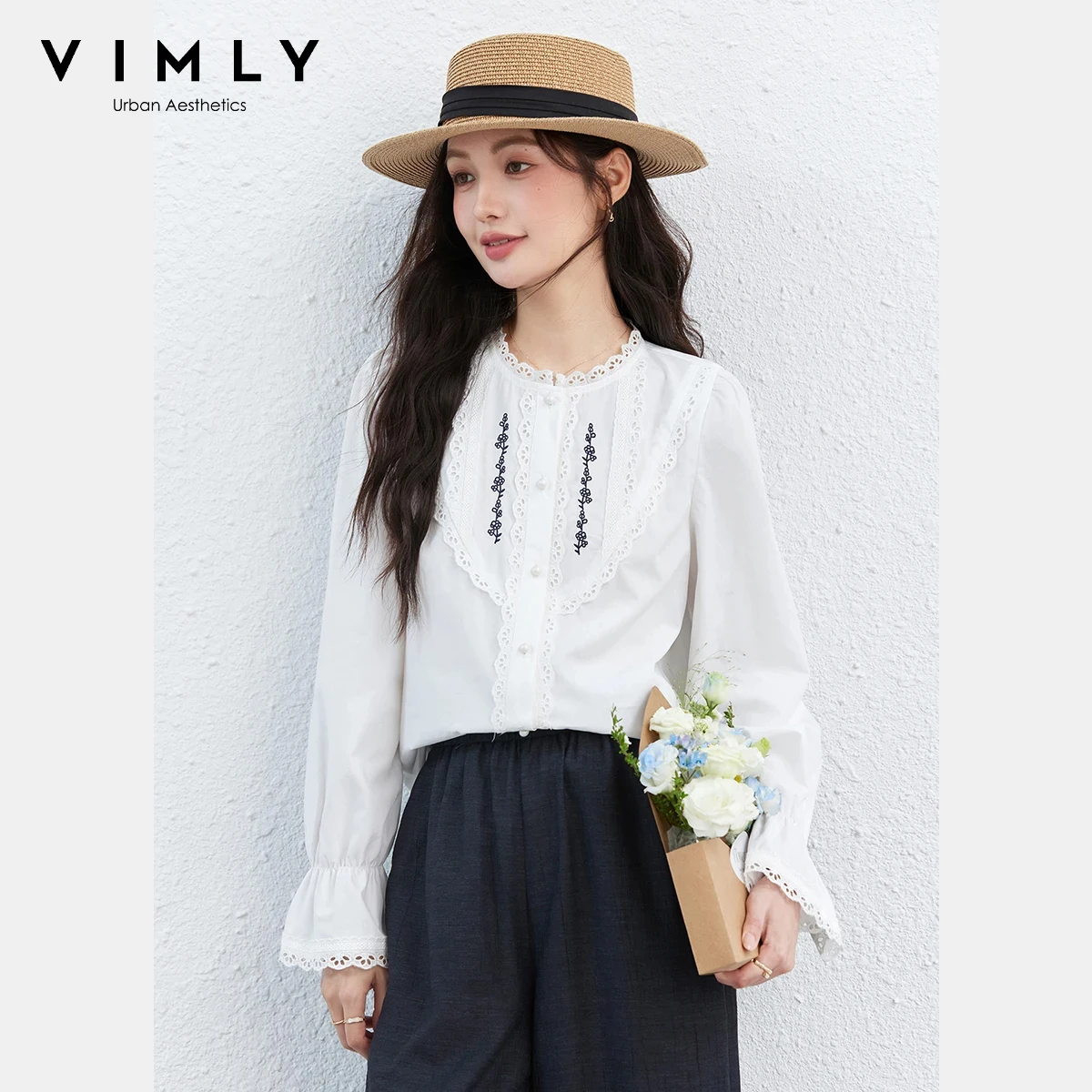 

Женская блузка VIMLY с кружевной отделкой, весна 2026, новая повседневная контрастная рубашка с длинным рукавом, из лиоцелла, с цветочным пэчворком, для офиса, A3897