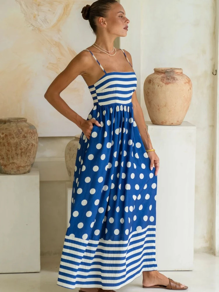 2025 Summer Fashion New Women's Elegant Printed Strap A-line Dress Strap Sexy Big Swing High Waist Bareback Dress