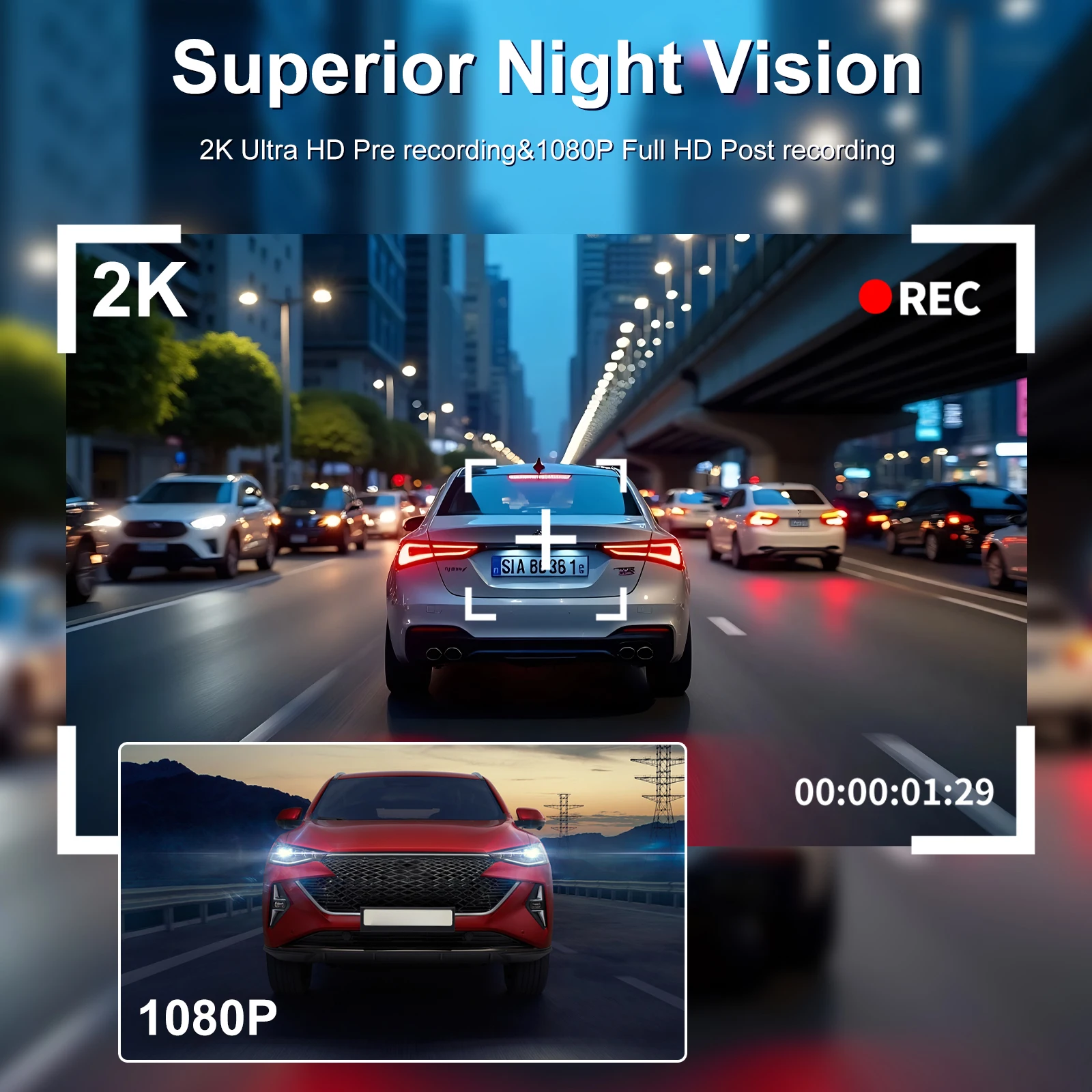 2K Dual Lens Dashcam 170° Front 165° Rear, WDR, Loop Recording, Parking Monitor, with Pre-installed 64GB TF Card