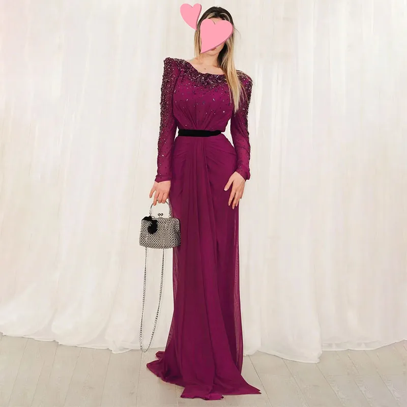 

Purple Crystal Beading Prom Dresses Scoop Neck Long Sleeve Ruched Formal Evening Gown vestidos de noche