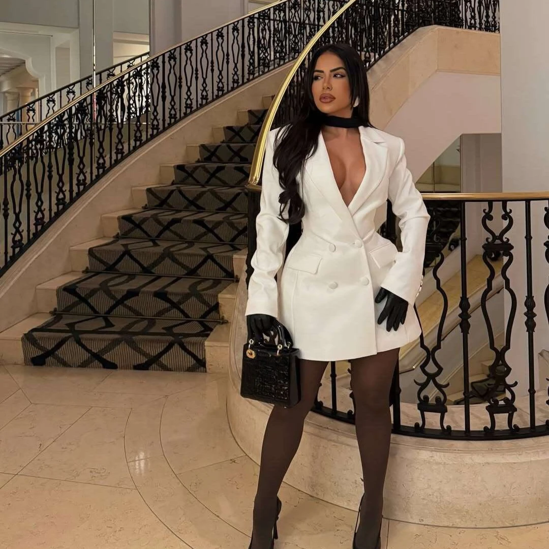 فستان بليزر نسائي بأكمام طويلة بحزام من Suninheart، فساتين حفلات بكتف قوي، فستان رسمي صغير للعمل المكتبي وحفلات الزفاف #4