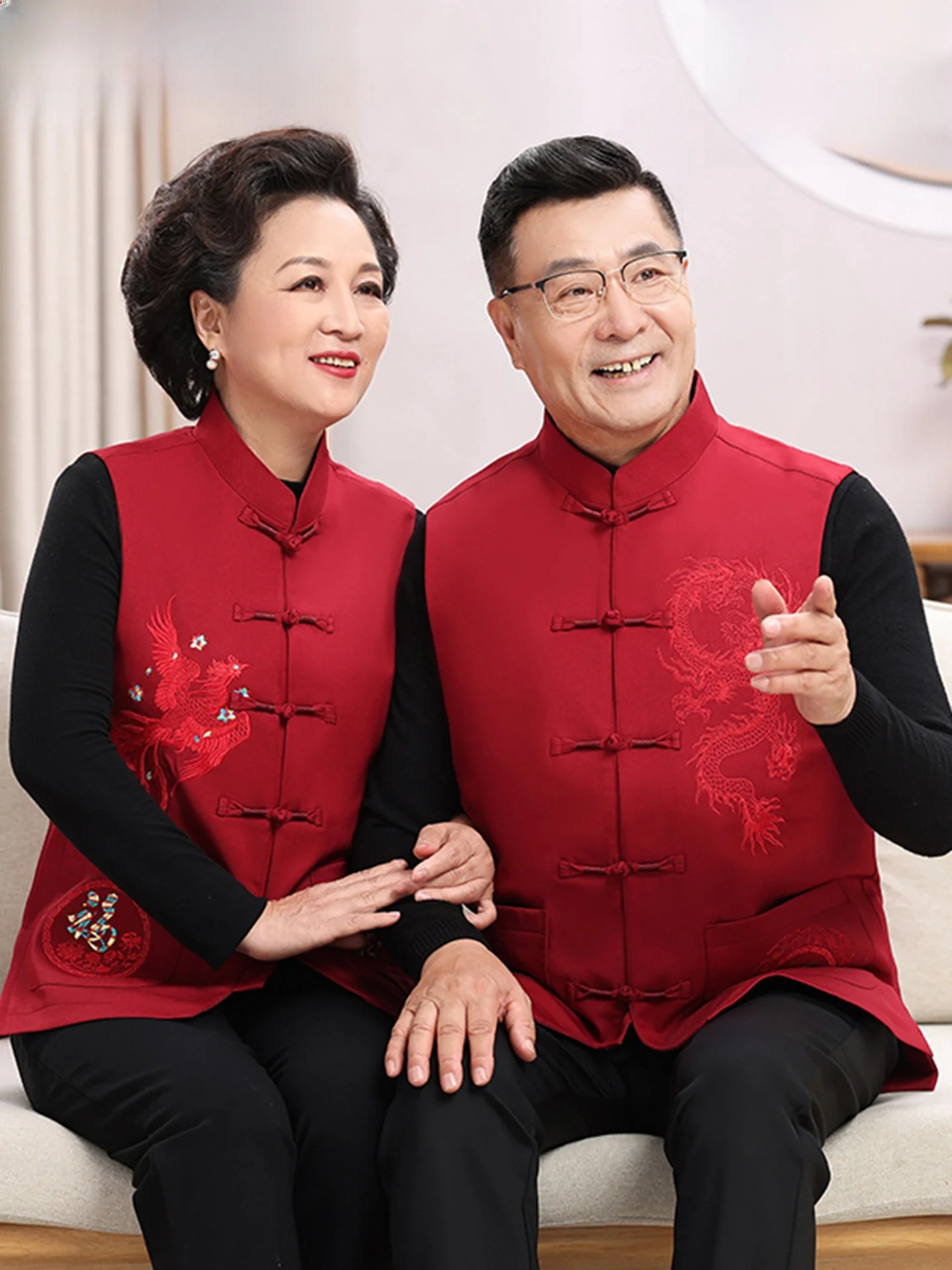 

Couple's Tang Suit Vest Outerwear for Parents Birthday Celebration Spring Autumn Polyester Fiber Loose Fit National Sle