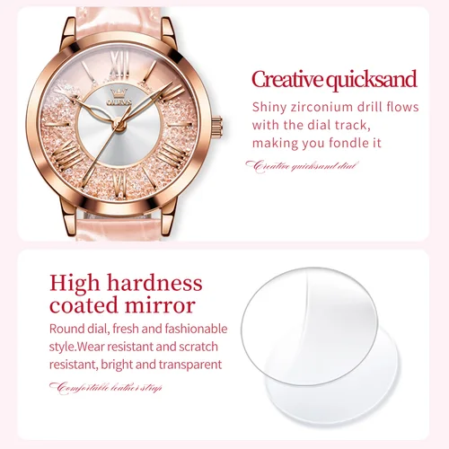 Imagen 2 del producto OLEVS 5539 reloj de cuarzo para mujer, diseño de cristal fluido, escala de números romanos, reloj de pulsera para mujer, correa de cuero, reloj resistente al agua para mujer