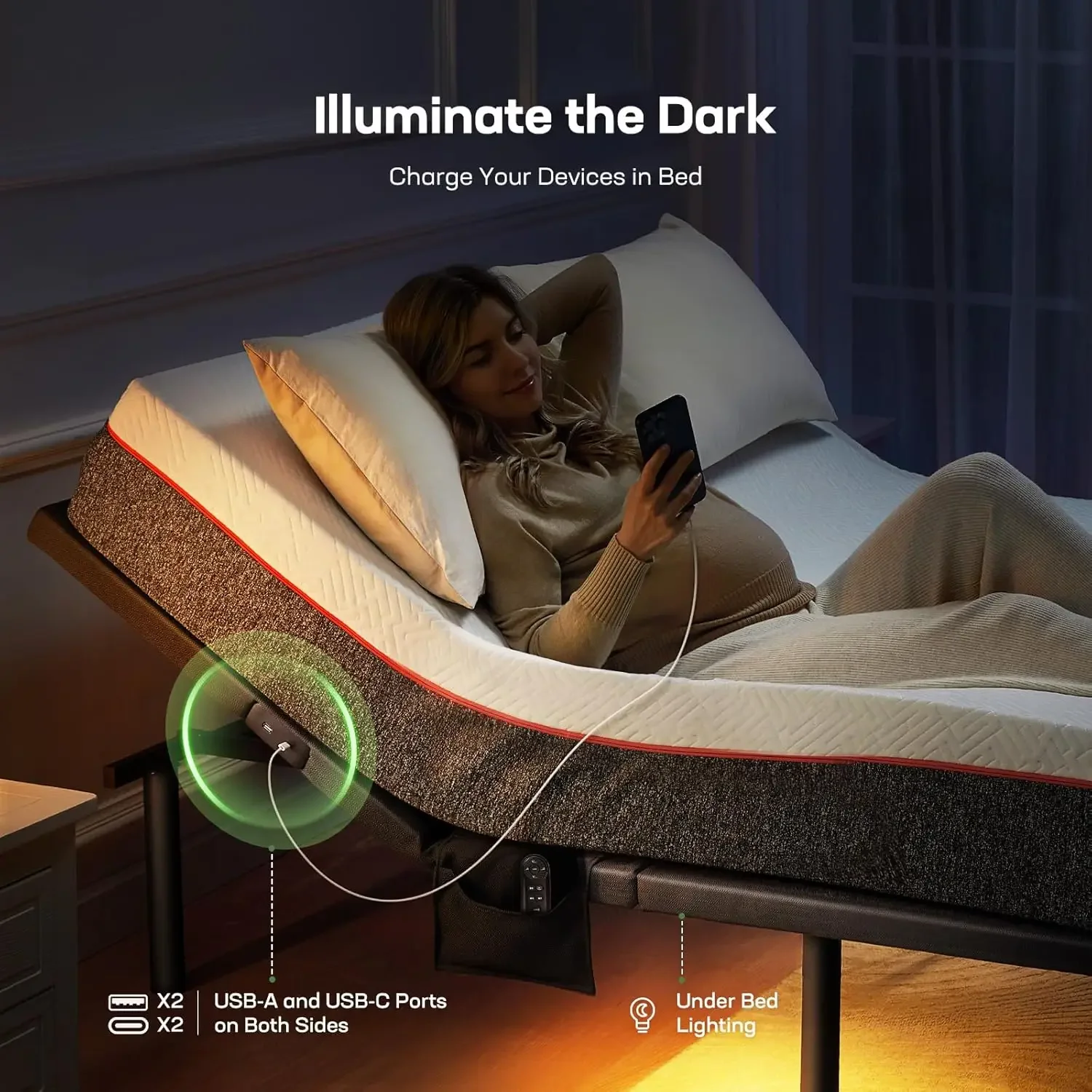 إطار قاعدة سرير MS01 Twin XL قابل للتعديل، 4 منافذ USB A&C قاعدة سرير قابلة للتعديل مع إضاءة ليلية تحت السرير، تجميع سريع لمدة 3 دقائق