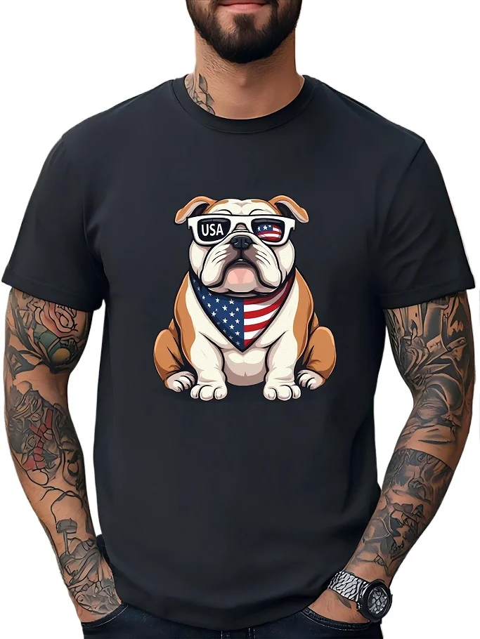 

American bulldog with American flag printed with handkerchief and sunglasses, cotton T-shirt with round neck in summer,
