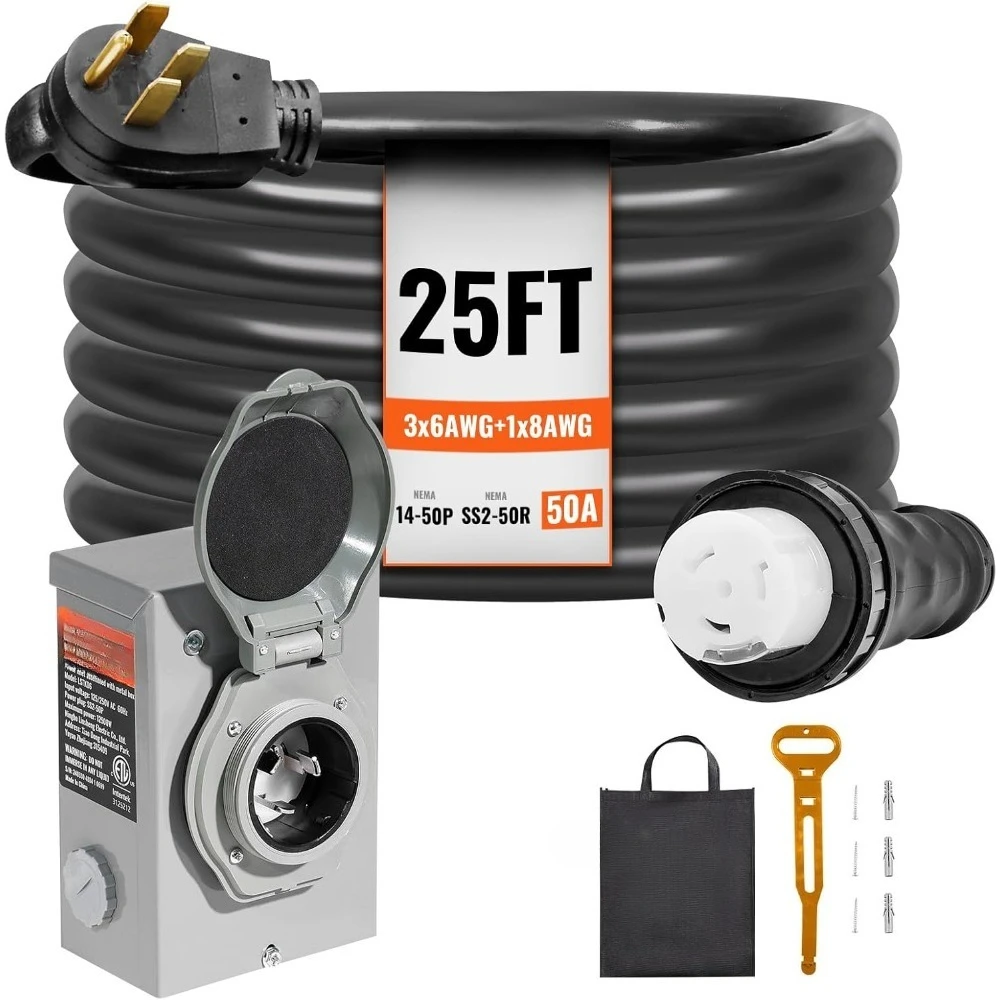 جودة عالية - سلك مولد 50 أمبير ومجموعة صندوق مدخل الطاقة، سلك تمديد مولد 25 قدم NEMA 14-50P/SS2-50R STW 6/3+8/1 AWG