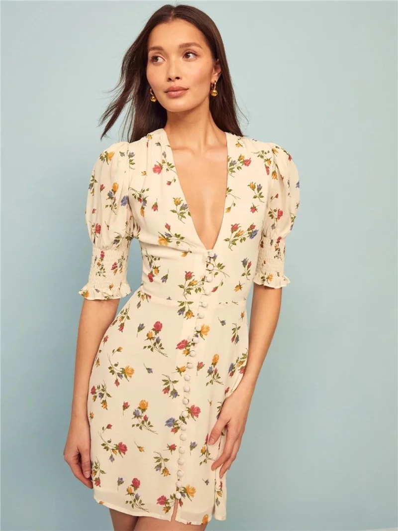 レトロな花柄プリントスリムフィットドレス女性のアボカドグリーン V ネックヘップバーンスタイルバブルスリーブティーブレイクスカートショート A ラインドレス