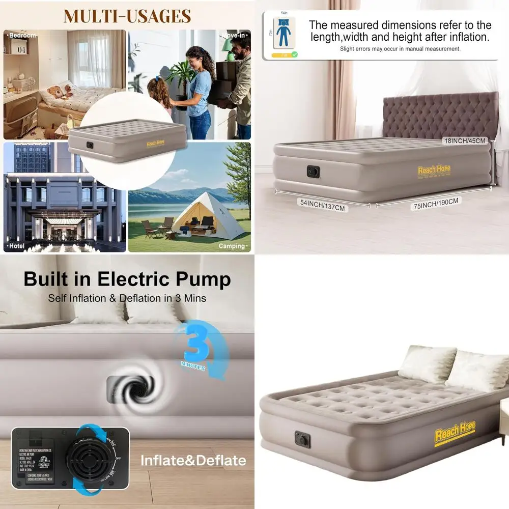 

Portable Self-Inflatable Air Mattress with Electric Pump, 18 Tall Full Size Bed for Camping, Travel, and Guests (Khaki)