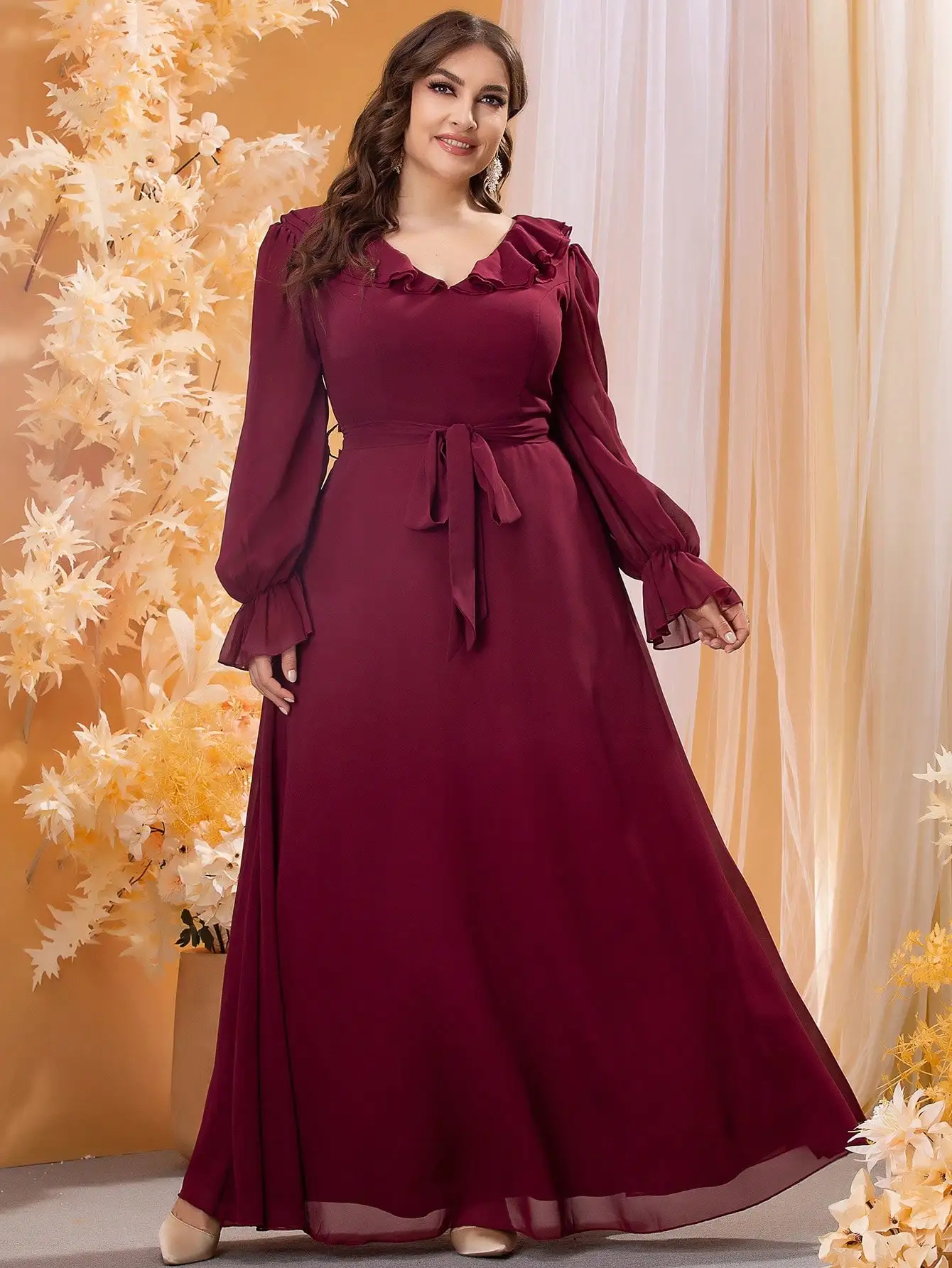 Mgiacy Plus-size V-neck ruffled long sleeve chiffon full skirt Evening ball dress Party dress