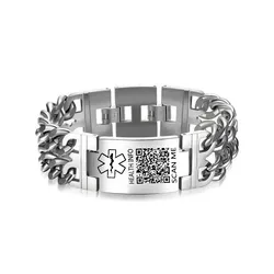 QR Code Emergency Medical Alarm ID Wristband Double-layer Bracelet Drip Red Oil Stainless Steel Curved Plate Trendy Men Jewelry