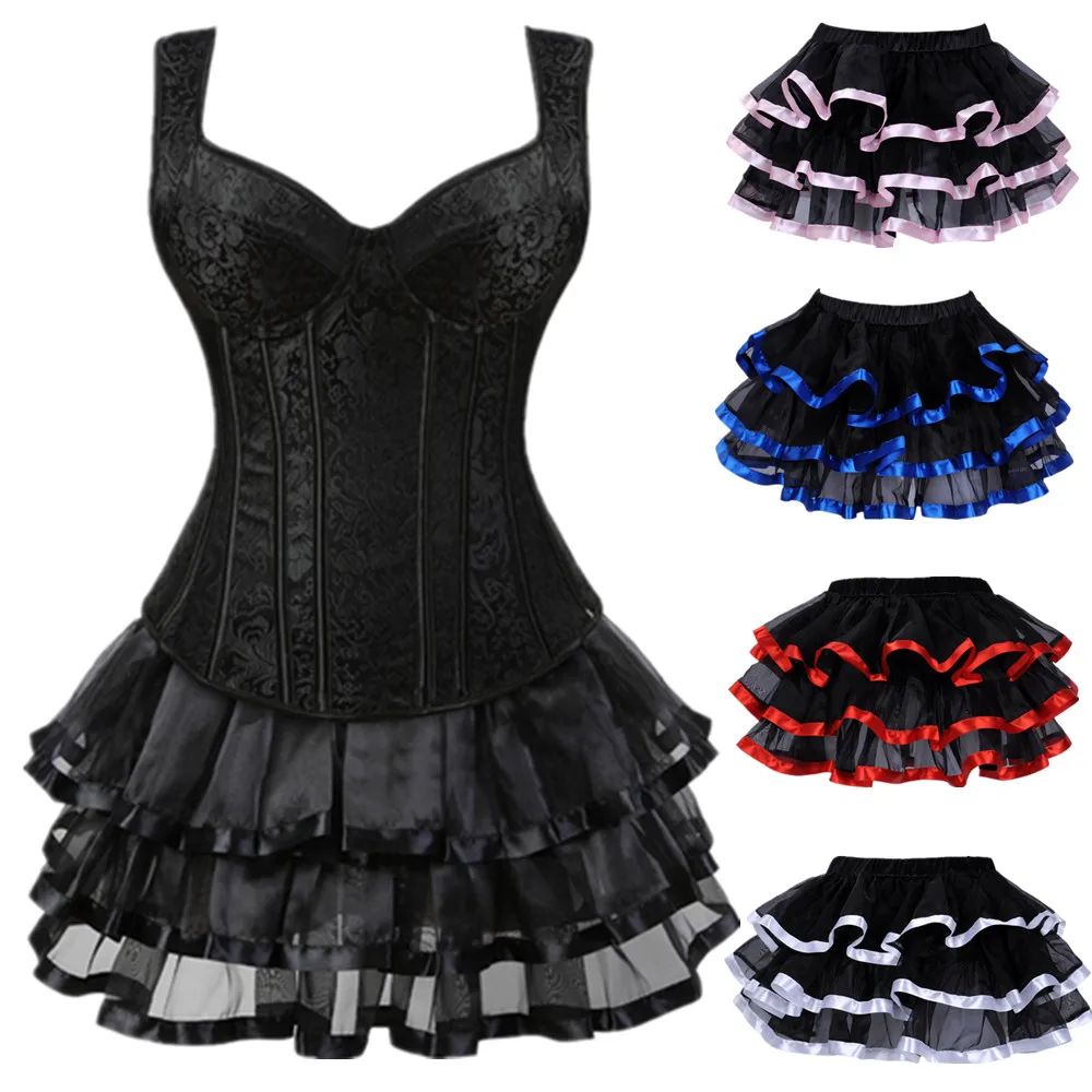 Gothic Sexy Shoulder Strap Corset Bustier Dress Overbust Corsets and Skirt Set Tutu Corselet Women Vintage Burlesque Costume