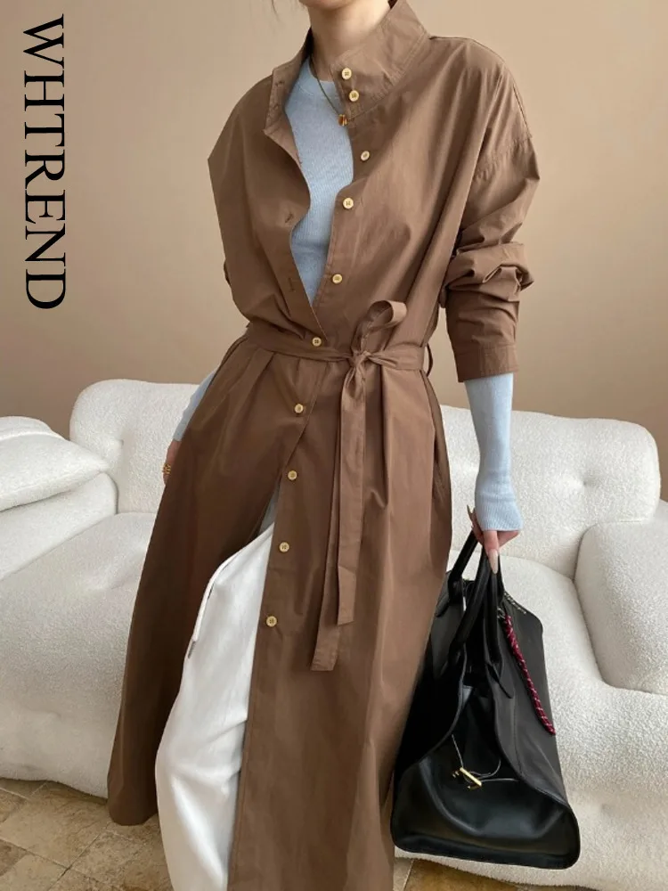 

WHTREND простой воротник-стойка пояс со сборкой на талии повседневный длинный тонкий плащ офисный женский WH1122