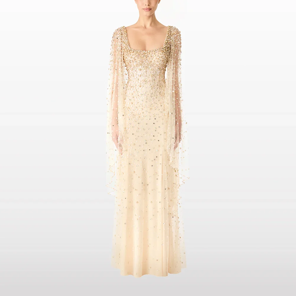 

Роскошные вечерние платья с квадратным вырезом и длинными рукавами из бисера и кристаллов Вечерние платья длиной до пола, платья для выпускного вечера по индивидуальному заказу