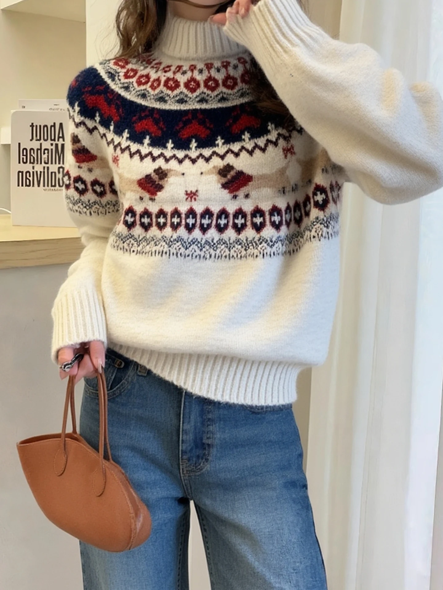 مريحة لينة طويلة Sve Camere تريكو خمر اللون بلو فضفاضة تناسب الكورية Sle الشتاء Faion سترة غير رسمية #1