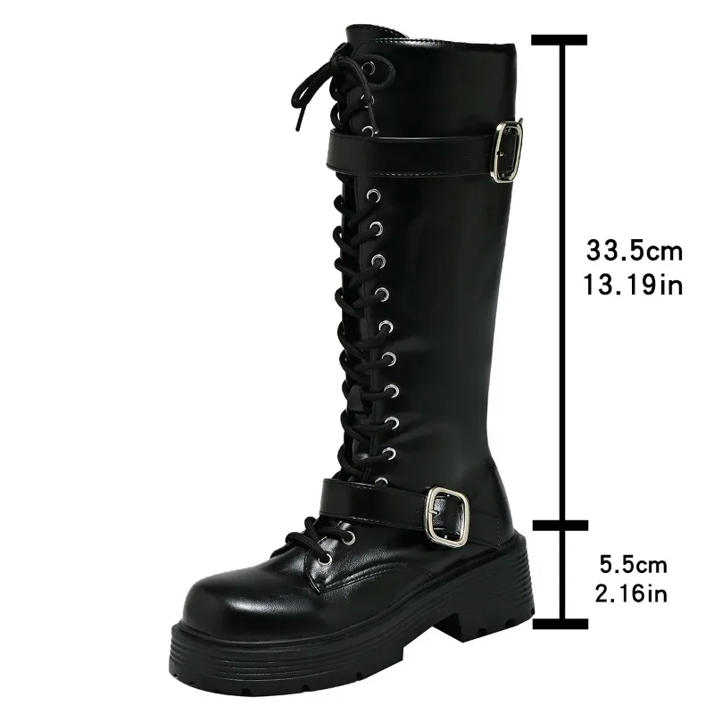 Platform Chunky Sole Women Knee High Boots Lace Up Double Buckle Side Zipper Shoes Punk Style Leather Long Motorcycle Boots view 6