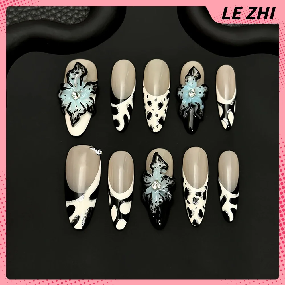 10Pcs Handmade Long Coffin Leopard Print Press On Nails Heavy Industry Y2K Pearl Steel Ball Diamond Flowers Wearable False Nail