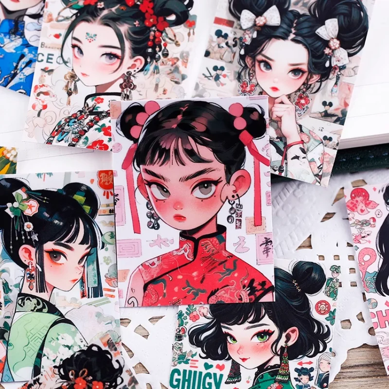 16pcs Stationery Stickers with Chinese Retro Girls  Waterproof Features Perfect for DIY Crafts, Journal Decoration  Scrapbooking