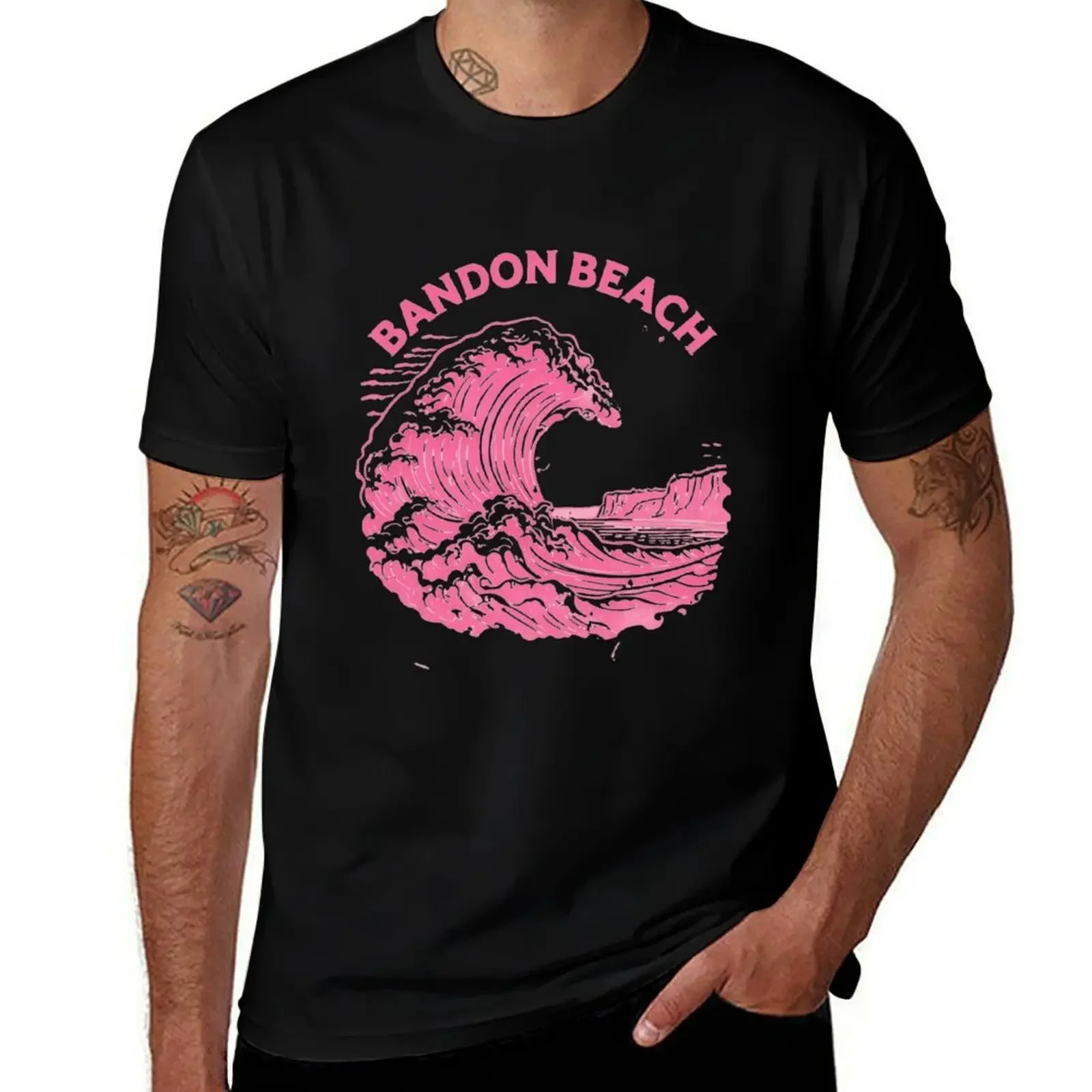 

Retro modern graphic design featuring a bold coral wave Bandon Beach, Oregon T-Shirt plus sizes t shirt men 100℅ cotton