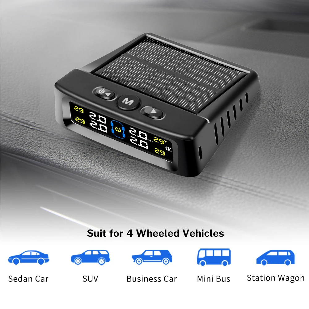 Solar Powered Car Tire Pressure Security Alarm Monitor System 4 Sensors Display Intelligent Tyre Pressure Temperature Warning