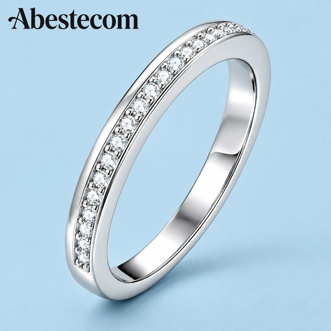 Abestecom D Color VVS1 Simple Eternity Moissanite Minimalist Stackable Ring 14K Gold Plated Wedding Band Fine Jewelry For Women
