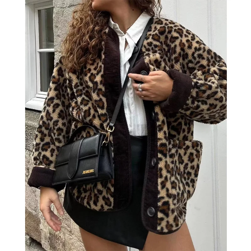 TRAF 2023 Leopard Plush Jacket Woman Button Oversized Jacket Women Coats Long Sleeve Jackets for Women Streetwear Outerwear