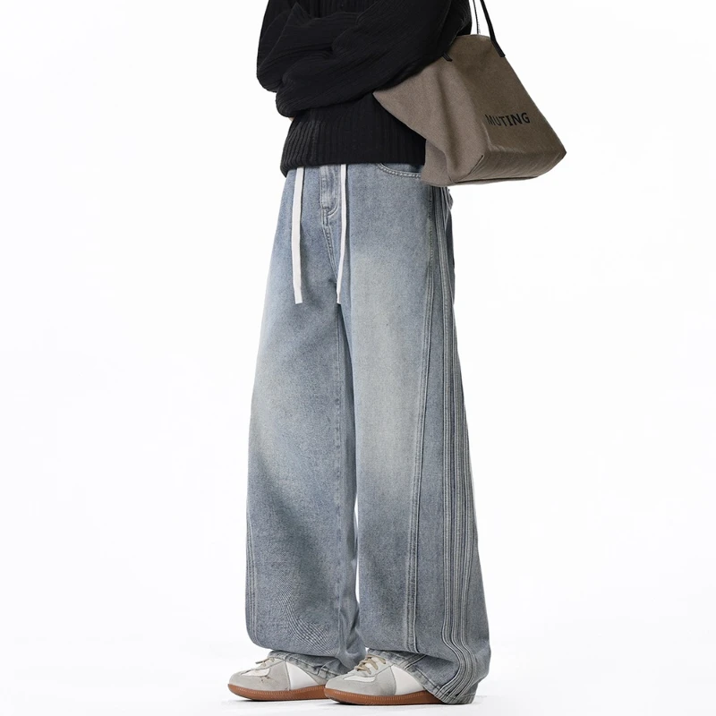 Y2K Striped Side Men Baggy Wide‑Leg Jeans Drawstring Waist Washed Denim Pants Hip‑hop Streetwear Loose Casual Popular Trousers