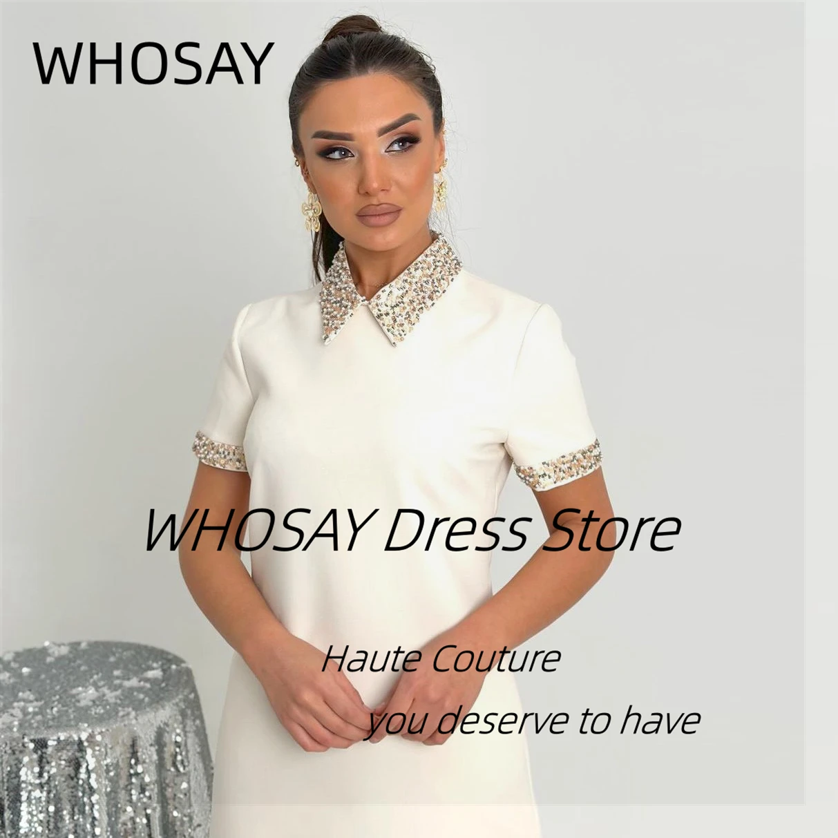 WHOSAY-Robe de Bal Perlée à Col à Revers, Manches Courtes, Fermeture Éclair au Dos, Tenue de Cocktail, Boîte de Nuit Spéciale pour Femme