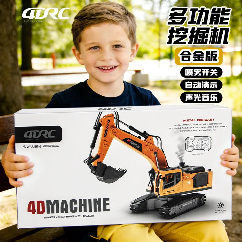 4drc Remote Control Excavator Alloy Die Cast Engineering Vehicle With Spray Sound Light For Birthday Gift Outdoor Play
