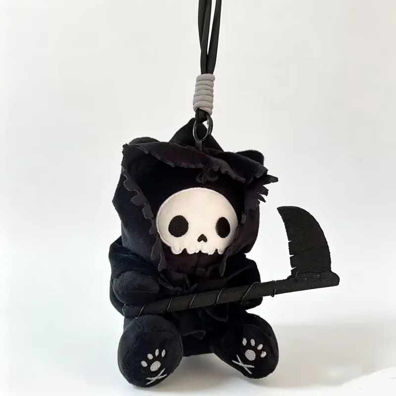Gothic Grim Reaper Cat Plush Keychain Skull Bag Pendant Horror Doll Halloween Decor Collectible Gift