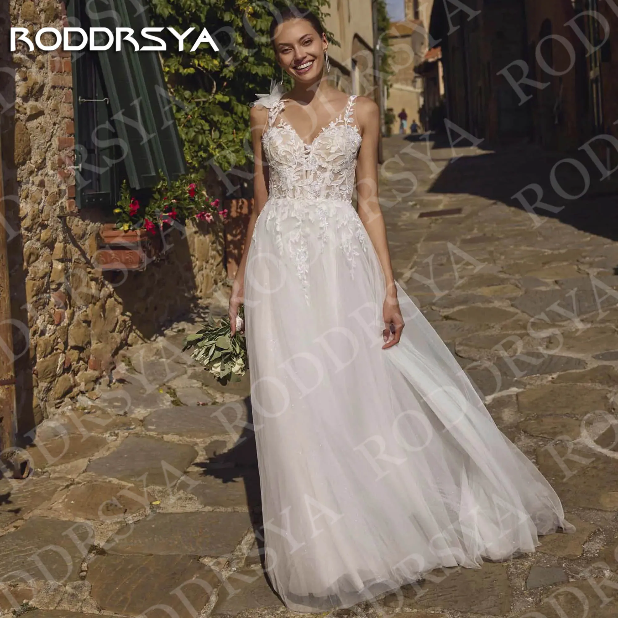

RODDRSYA Boho V Neck Wedding Dresses Spaghetti Straps Charming Lace Tulle Open Back Bridal Dress Customized vestido de novias