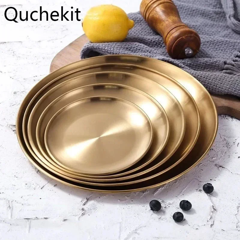 

Golden Tray Luxury Metal Round Storage Tray Smiple Snack Cake Display Stainless Steel Metal Plate Photography Props Home Decor