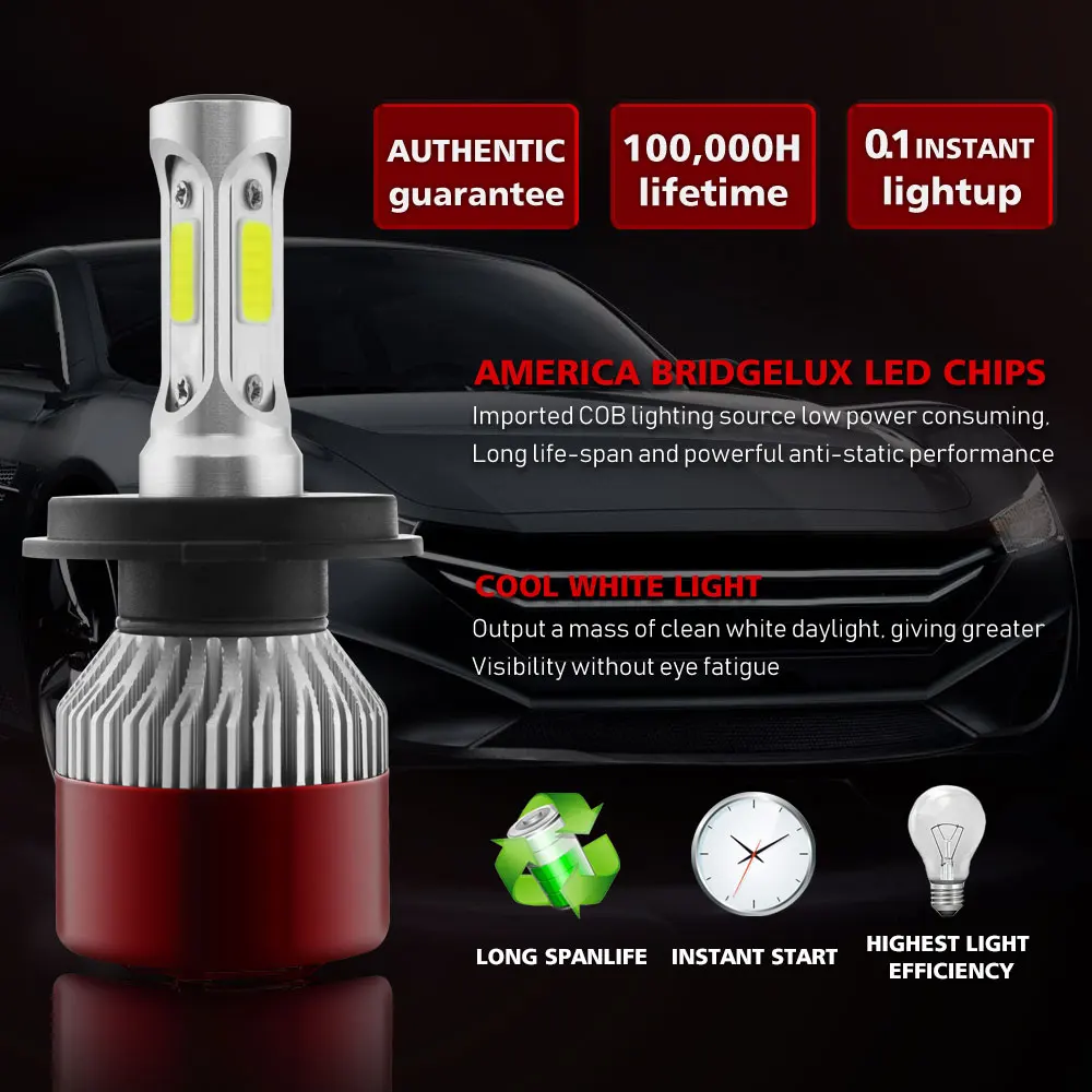 Effort&BJ LED Bulb H4 Auto Headlamp COB Chips Light Bulb 144W 14400LM T8-R Super Bright Car Headlight