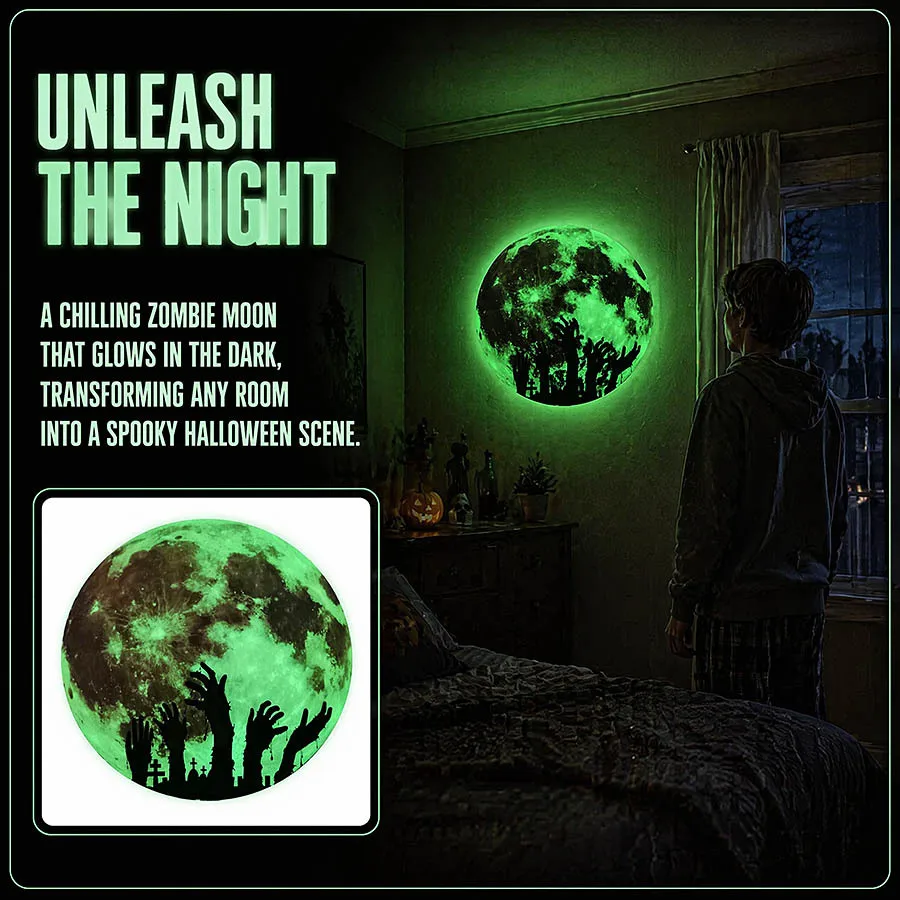 1pc Glow Green Halloween Wall Stickers, Self-Adhesive Hand Crow Reaper Sickle Moon Pumpkin Decals for Room Decor