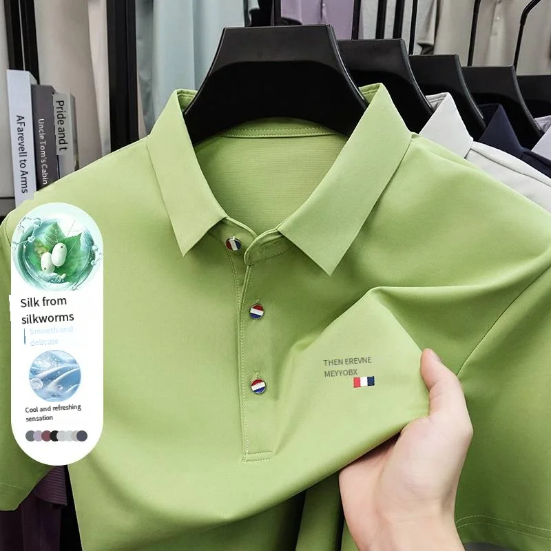 Contains Mulberry Silk Men Short-Sleeved Polo Shirt Lapel Button Letter Embroidery Summer Breathable Tee Business Casual Comfort